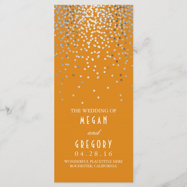 Silver Confetti Orange Elegant Wedding Program Programme (Front)