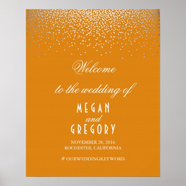 Silver Confetti Orange Wedding Welcome Sign (Front)