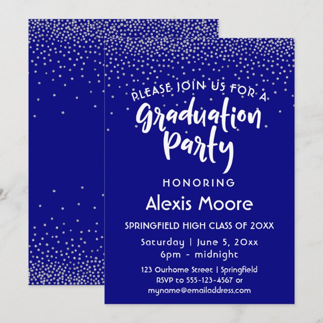 Silver Confetti Over Navy, Graduation Party 2 Invitation (Front/Back)