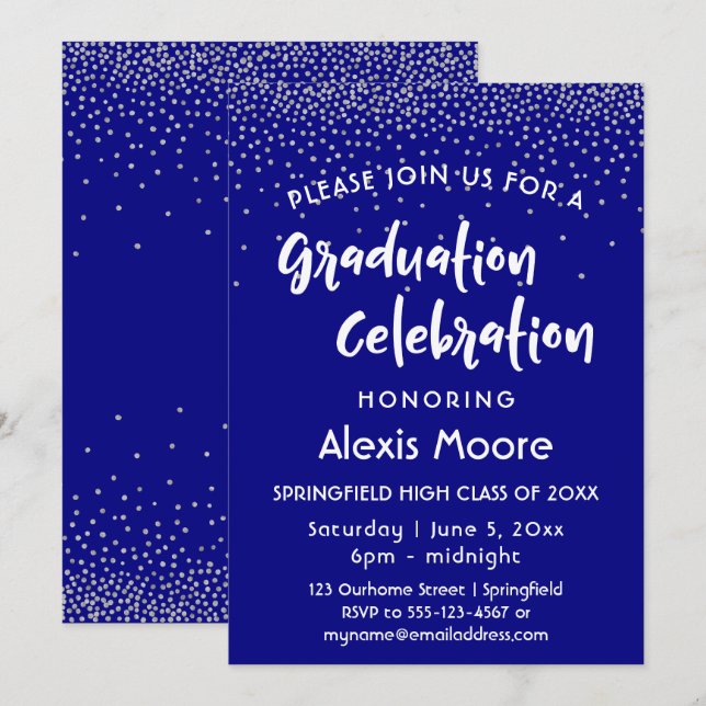 Silver Confetti Over Navy, Graduation Party Invitation (Front/Back)