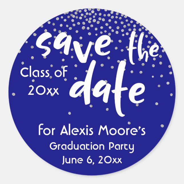 Silver Confetti Over Navy, Modern Save the Date Classic Round Sticker (Front)