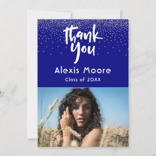 Silver Confetti Over Navy Photo Grad 3 Thank You Announcement