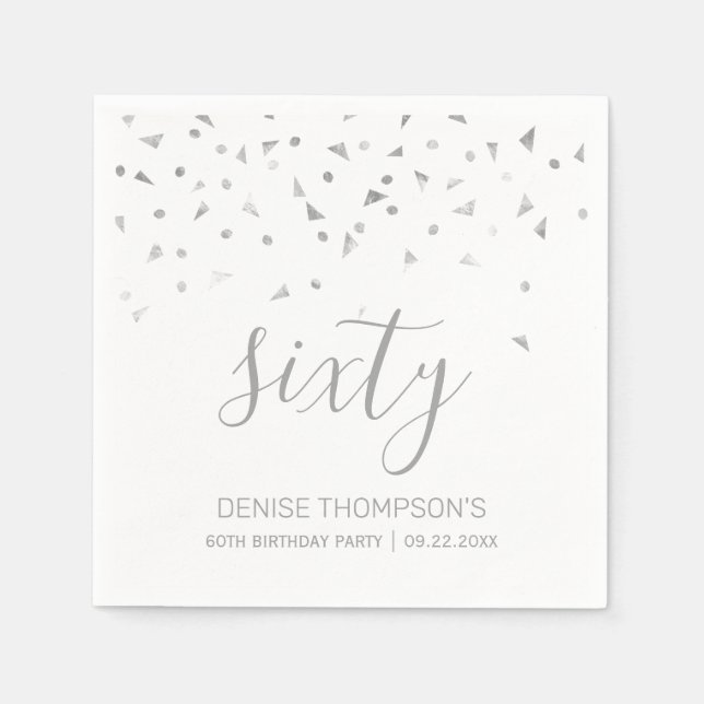 Silver Confetti Personalised 60th Birthday Party Napkin (Front)
