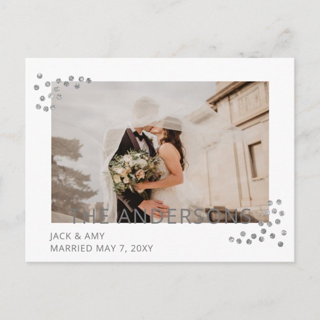 Silver Confetti Photo Wedding Announcement Postcard (Front)