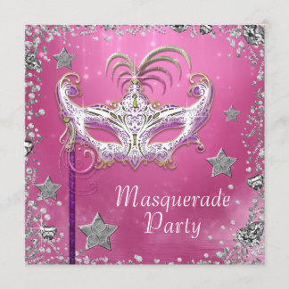 Silver Confetti Pink Black Masquerade Party Invitation