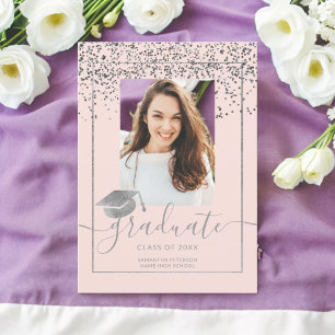 Silver confetti pink typography graduation invitation