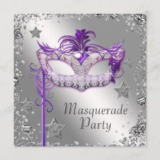 Silver Confetti Purple Masquerade Party Invitation