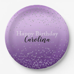 Silver Confetti Purple Ombre name Paper Plate