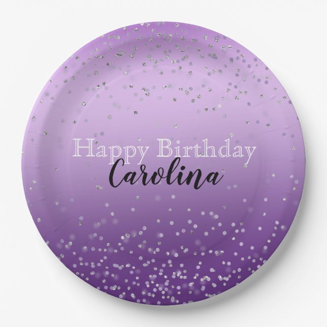 Silver Confetti Purple Ombre name Paper Plate (Front)
