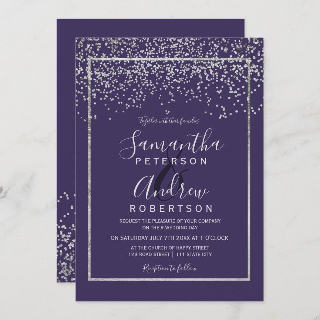 Silver confetti purple typography wedding invitation (Front/Back)