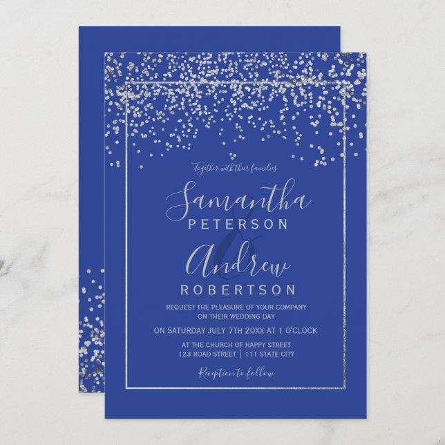 Silver confetti royal blue typography wedding invitation (Front/Back)