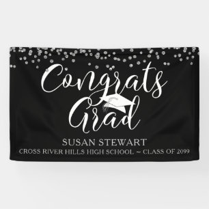 Silver Confetti Script CONGRATS GRAD Black Banner
