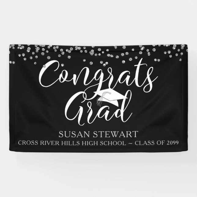 Silver Confetti Script CONGRATS GRAD Black Banner (Horizontal)