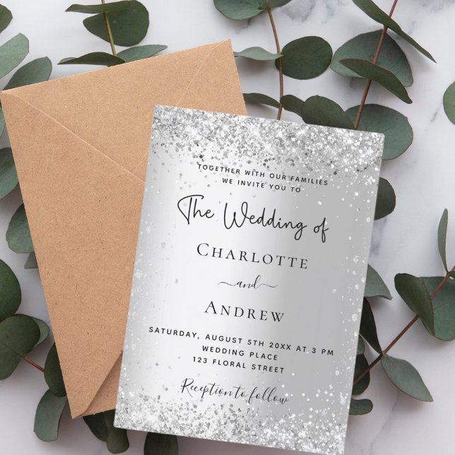 Silver confetti script wedding invitation (Creator Uploaded)