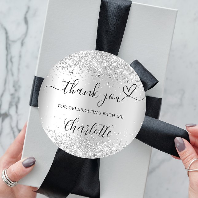 Silver confetti thank you  classic round sticker (Creator Uploaded)