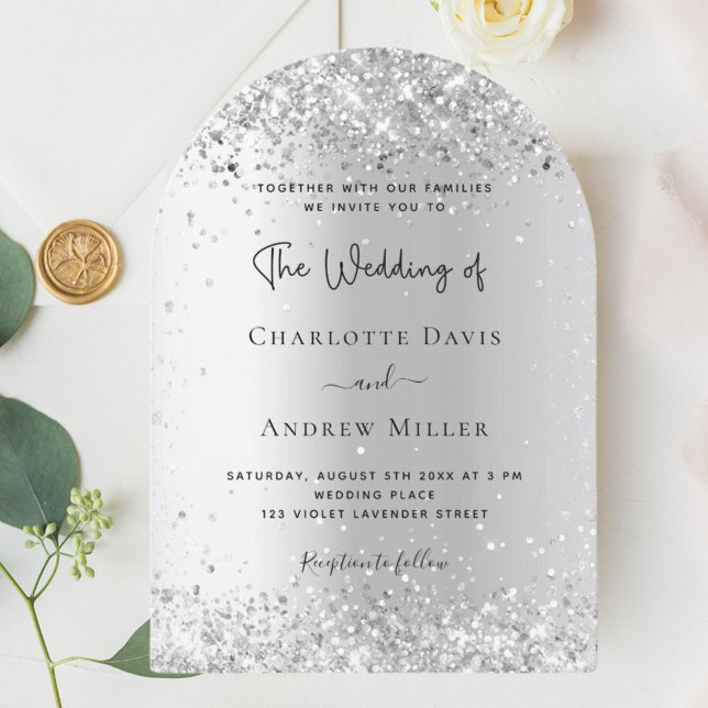 Silver confetti wedding arch invitation (Creator Uploaded)