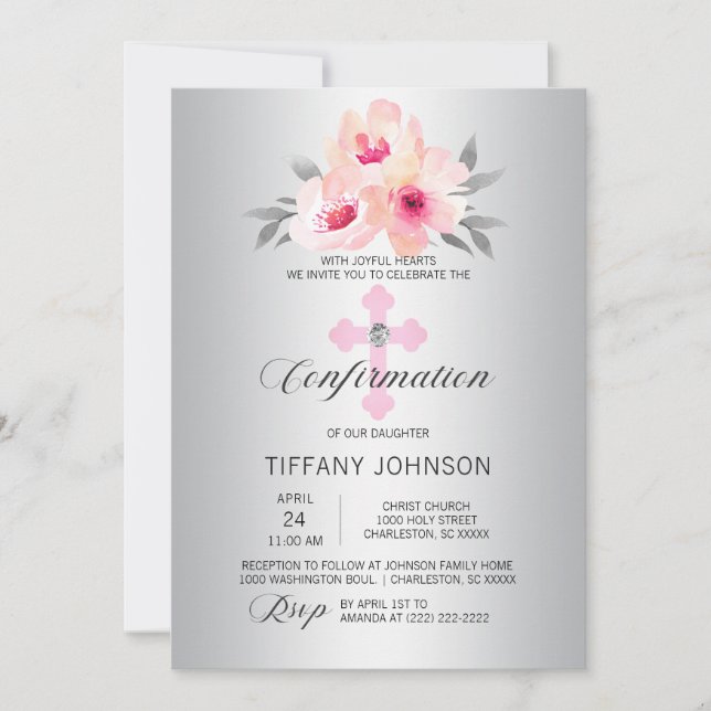 Silver Confirmation Floral Pink Cross GIRL + POEM Invitation (Front)