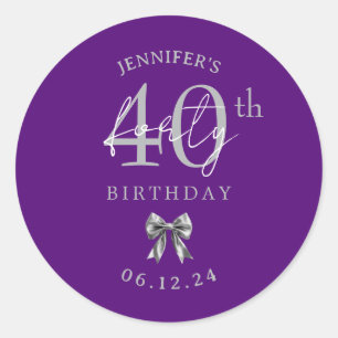 Silver Coquette Bow 40th Birthday Party Purple Classic Round Sticker