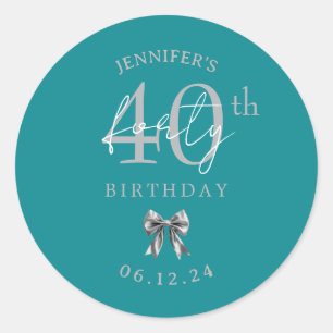 Silver Coquette Bow 40th Birthday Party Turquoise  Classic Round Sticker