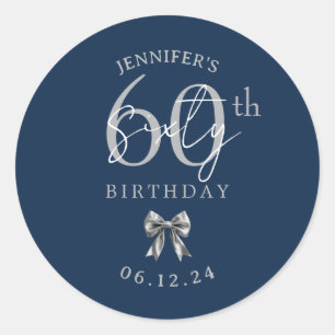 Silver Coquette Bow 60th Birthday Party Navy Blue  Classic Round Sticker