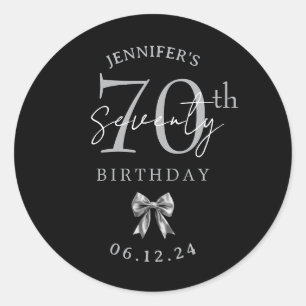 Silver Coquette Bow 70th Birthday Party Black Classic Round Sticker