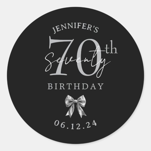 Silver Coquette Bow 70th Birthday Party Black Classic Round Sticker (Front)