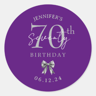 Silver Coquette Bow 70th Birthday Party Purple Classic Round Sticker