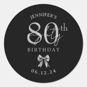 Silver Coquette Bow 80th Birthday Party Black Classic Round Sticker