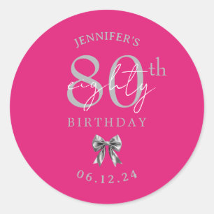 Silver Coquette Bow 80th Birthday Party Hot Pink Classic Round Sticker