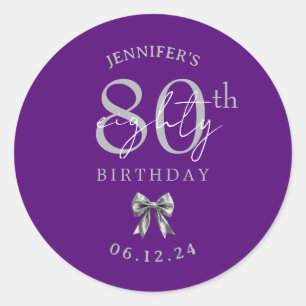 Silver Coquette Bow 80th Birthday Party Purple Classic Round Sticker