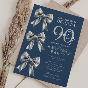 Silver Coquette Bow 90th Birthday navy Invitation