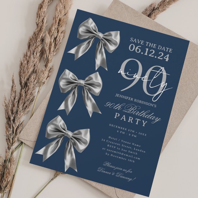 Silver Coquette Bow 90th Birthday navy Invitation (Silver Coquette Bow 90th Birthday navy Invitation)