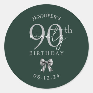 Silver Coquette Bow 90th Birthday Party Green Classic Round Sticker