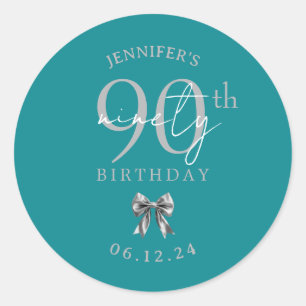 Silver Coquette Bow 90th Birthday Party Turquoise Classic Round Sticker