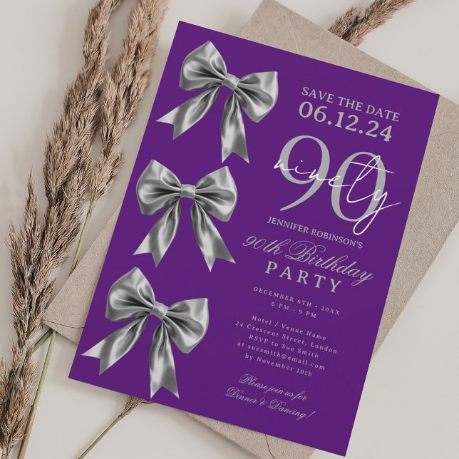 Silver Coquette Bow 90th Birthday Purple  Invitation (Silver Coquette Bow 90th Birthday Purple Invitation)