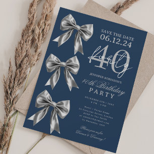 Silver Coquette Bow Save Date 40th Birthday Navy  Invitation