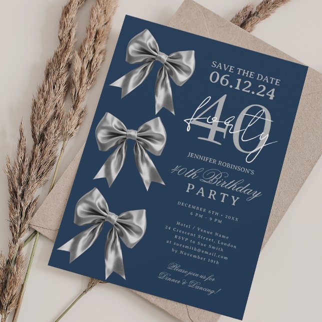 Silver Coquette Bow Save Date 40th Birthday Navy  Invitation (Creator Uploaded)