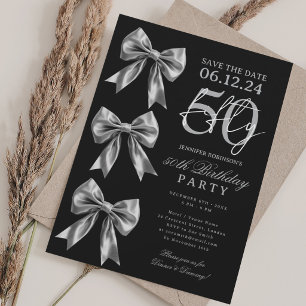 Silver Coquette Bow Save Date 50th Birthday Black Invitation