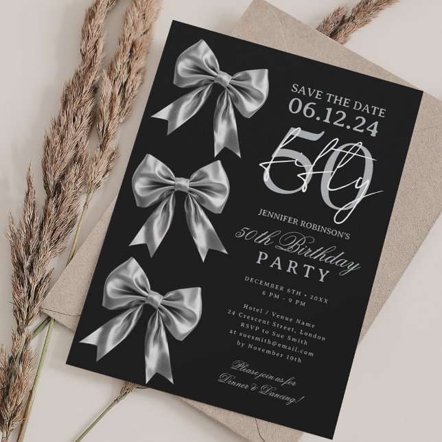 Silver Coquette Bow Save Date 50th Birthday Black Invitation (Silver Coquette Bow Save Date 50th Birthday Black Invitation)