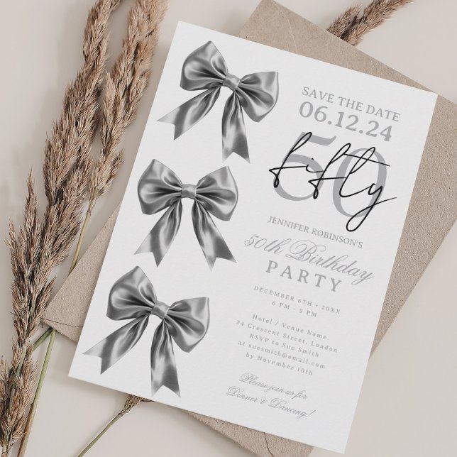 Silver Coquette Bow Save Date 50th Birthday Party Invitation (Silver Coquette Bow Save Date 50th Birthday Party Invitation)