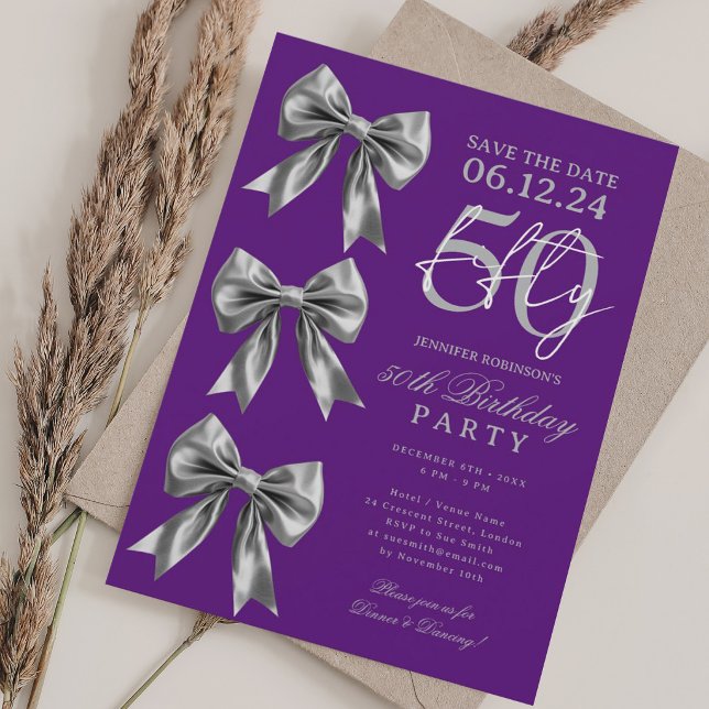 Silver Coquette Bow Save Date 50th Birthday Purple Invitation (Creator Uploaded)