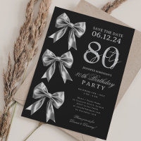 Silver Coquette Bow Save Date 80th Birthday Black