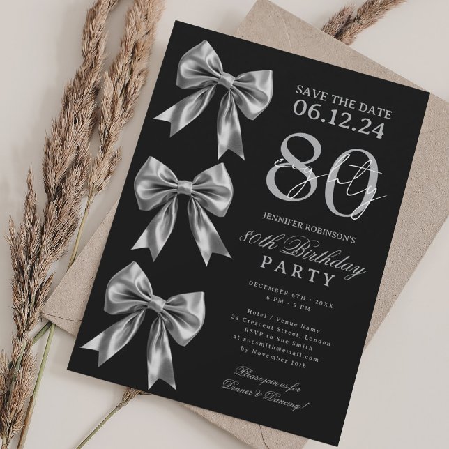 Silver Coquette Bow Save Date 80th Birthday Black Invitation (Silver Coquette Bow Save Date 80th Birthday Black Invitation)