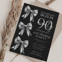 Silver Coquette Bow Save Date 90th Birthday Black