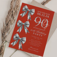 Silver Coquette Bow Save Date 90th Birthday Red