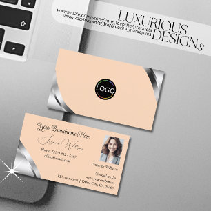 Silver Corners on Light Coral with Logo and Photo Business Card