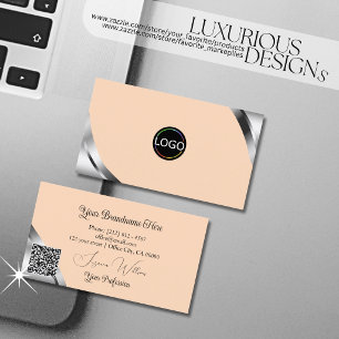 Silver Corners on Light Coral with Logo QR Code Business Card