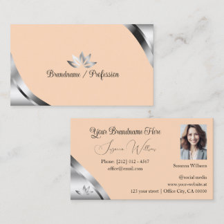 Silver Corners on Light Coral with Petals Photo Business Card