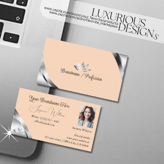 Silver Corners on Light Coral with Petals Photo Business Card