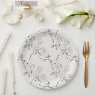 Silver Cream Black Fall Flowers Wedding  Paper Plate